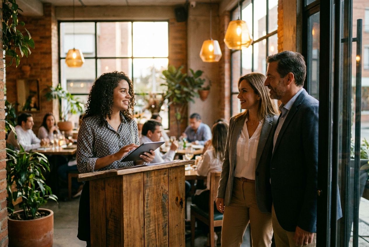 Anfitrión de un restaurante revisa una reserva en una tableta mientras recibe a dos comensales
