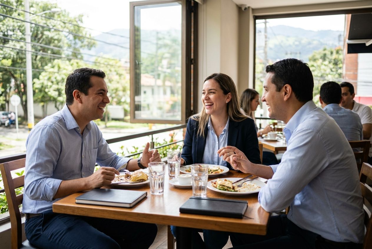 Tres colegas almuerzan en un restaurante de Medellín en día de semana