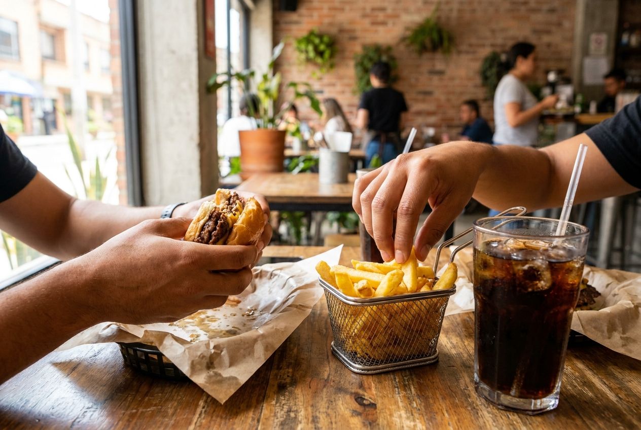 Manos comparten una hamburguesa y papas en una mesa