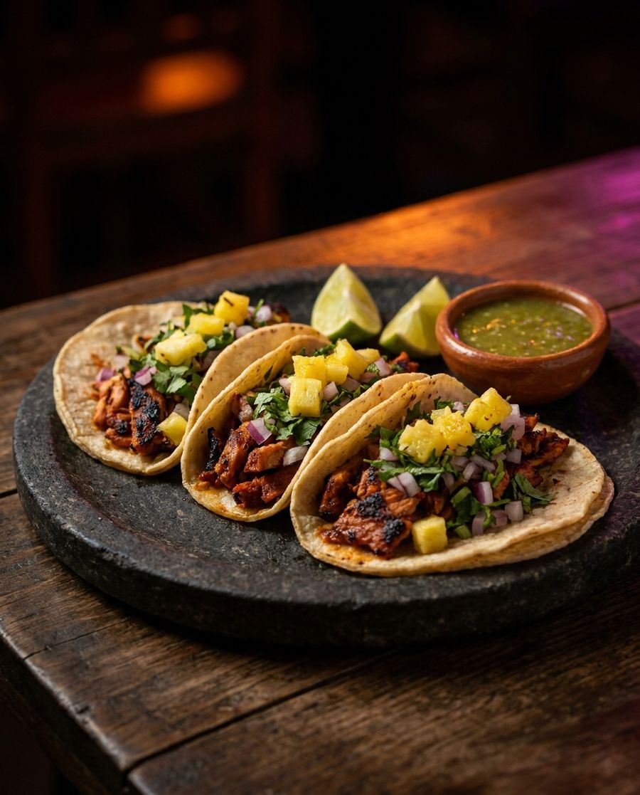 Tres tacos al pastor con piña, cilantro y limón sobre un plato de piedra