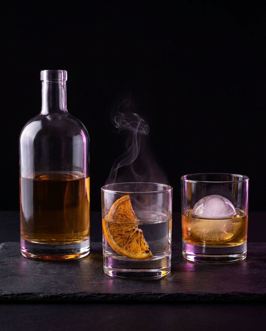 Botella de tequila añejo, copa de mezcal con humo y vaso de whisky con hielo sobre pizarra negra