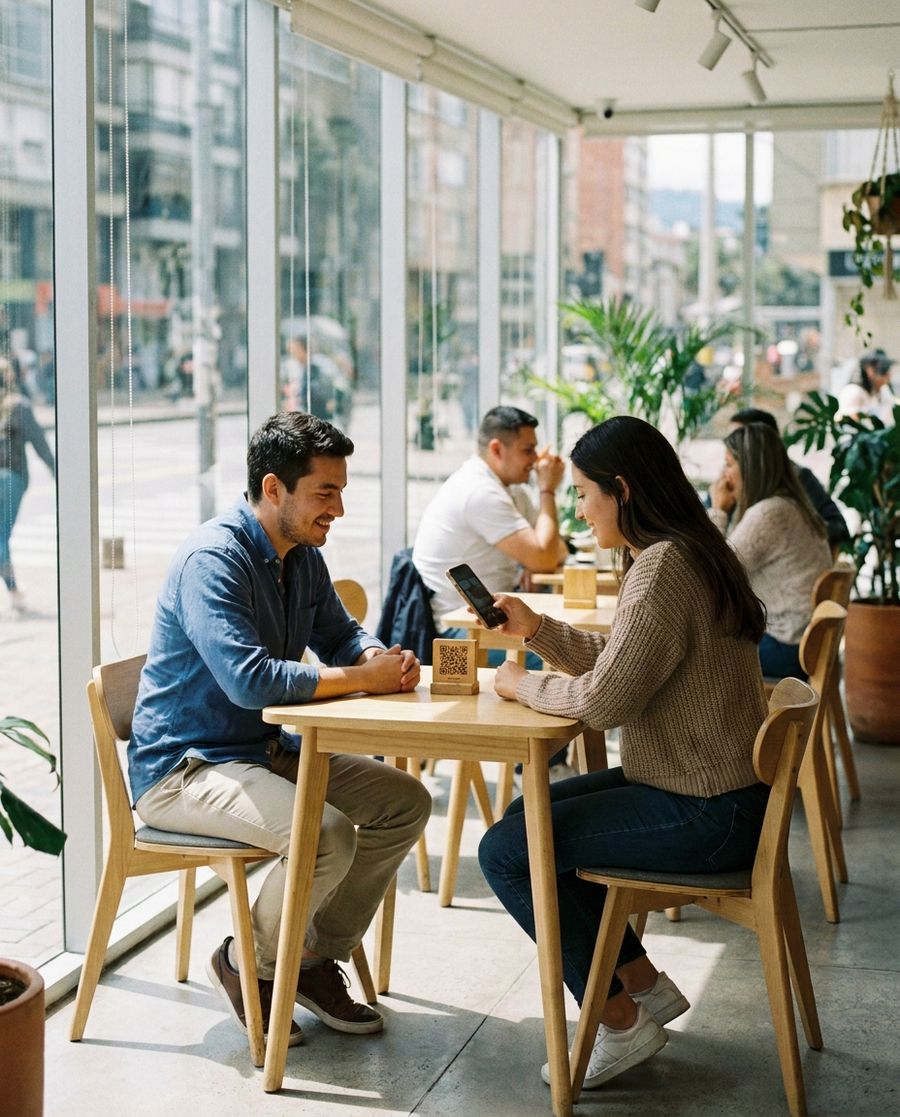 Dos comensales en una mesa para dos escanean el código QR del menú