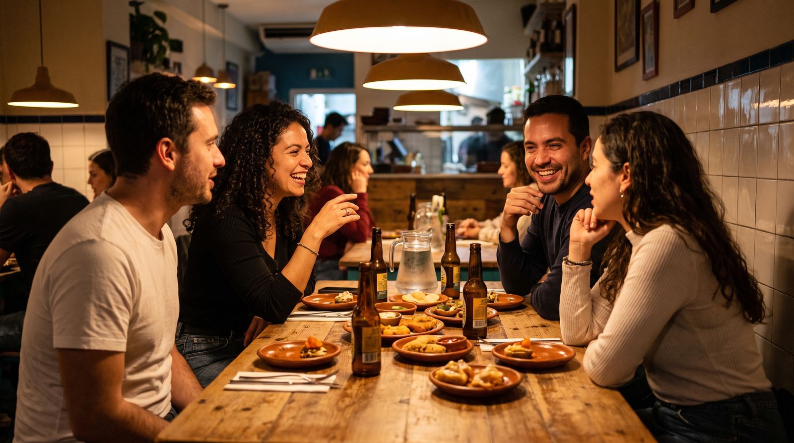 Cuatro amigos comparten una mesa entre semana