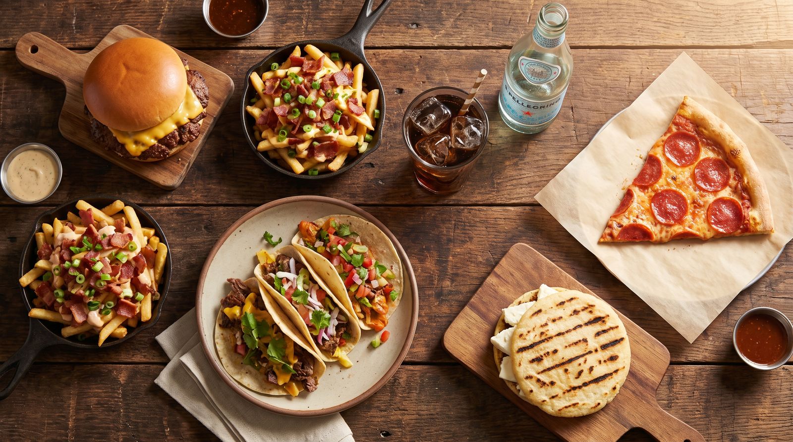 Comida casual y bebidas sobre una mesa, vista desde arriba