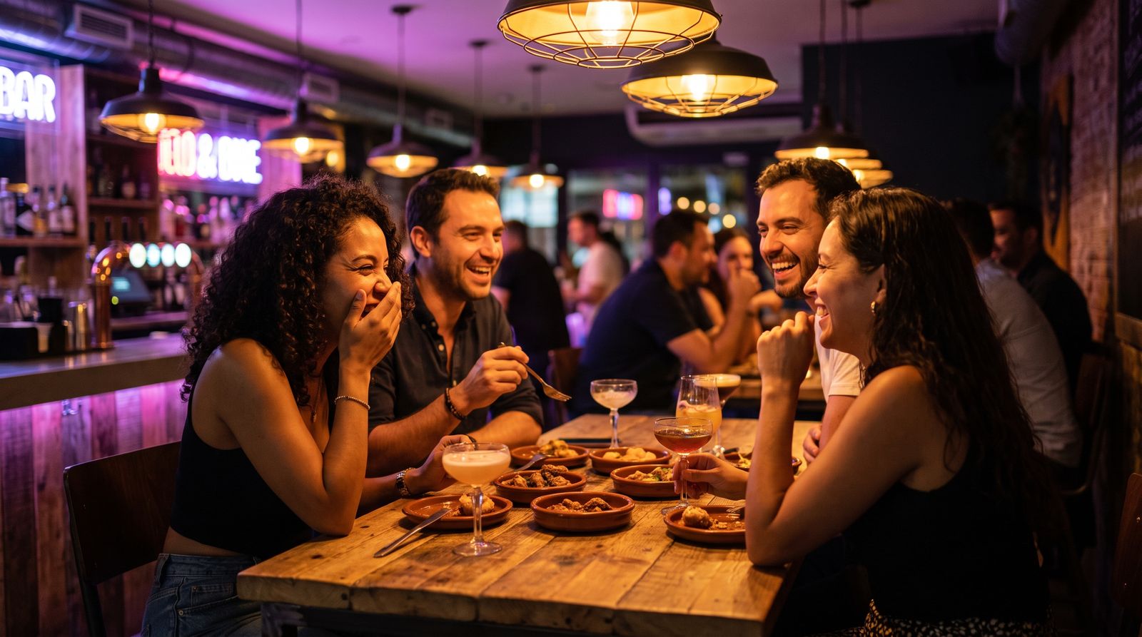 Amigos comparten platos y cocteles en un gastrobar colombiano de noche