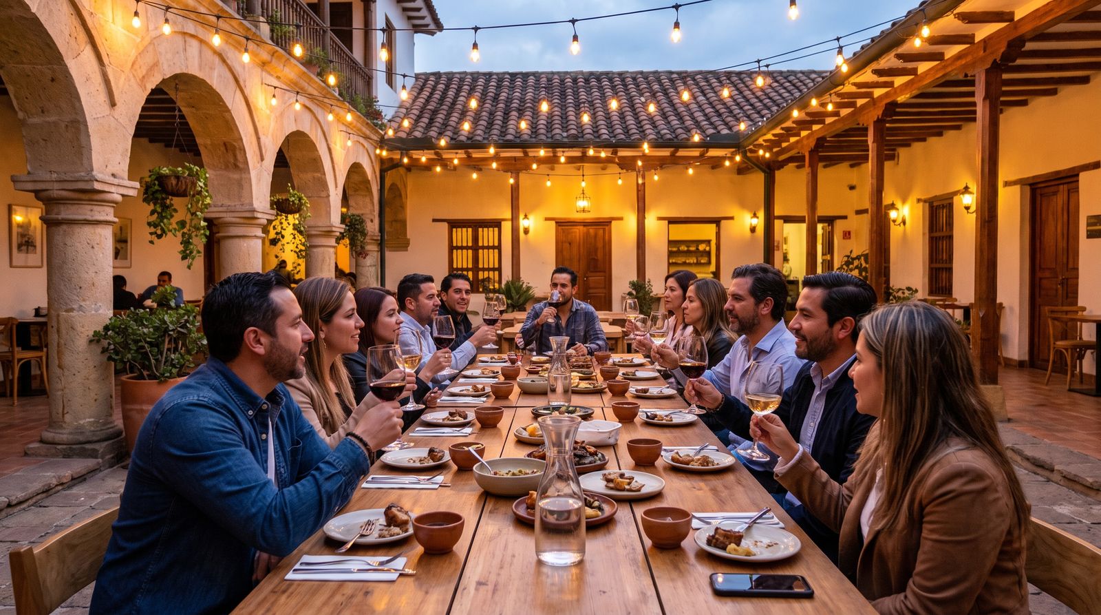 Una mesa larga en el patio de un gastrobar colombiano, con profesionales conversando al atardecer